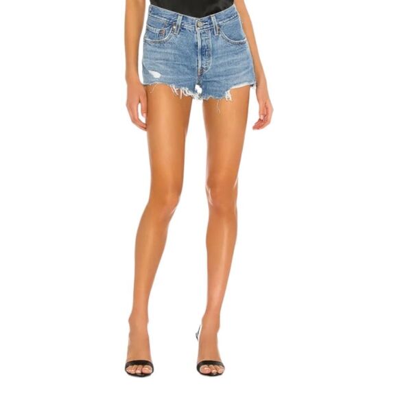 Levi’s 501 Button Fly High Waist Denim Jean Shorts Size 28 Fray Hem Shredded - Picture 1 of 13